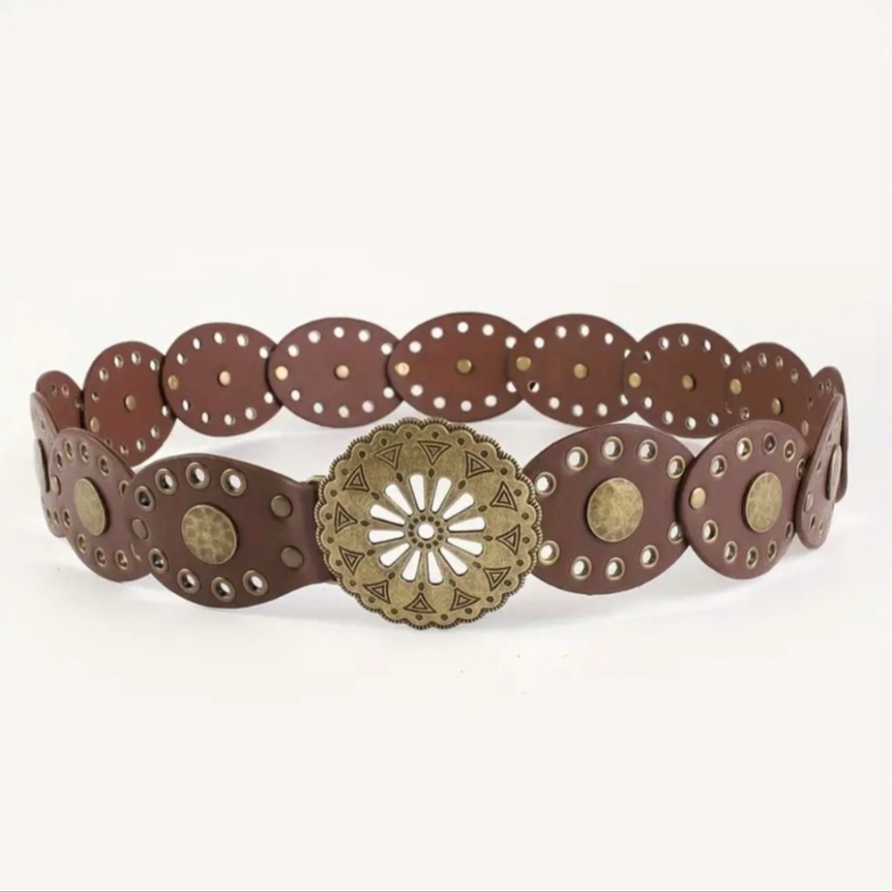 Boho Brown Belt Western Style Studded Belt Retro Bohemian Retro Womens Belts - Picture 4 of 6